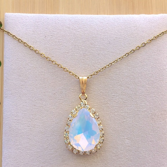Jewelry - White Opal Aurora Borealis + Gold Crystal Halo Pear Drop Pendant Necklace